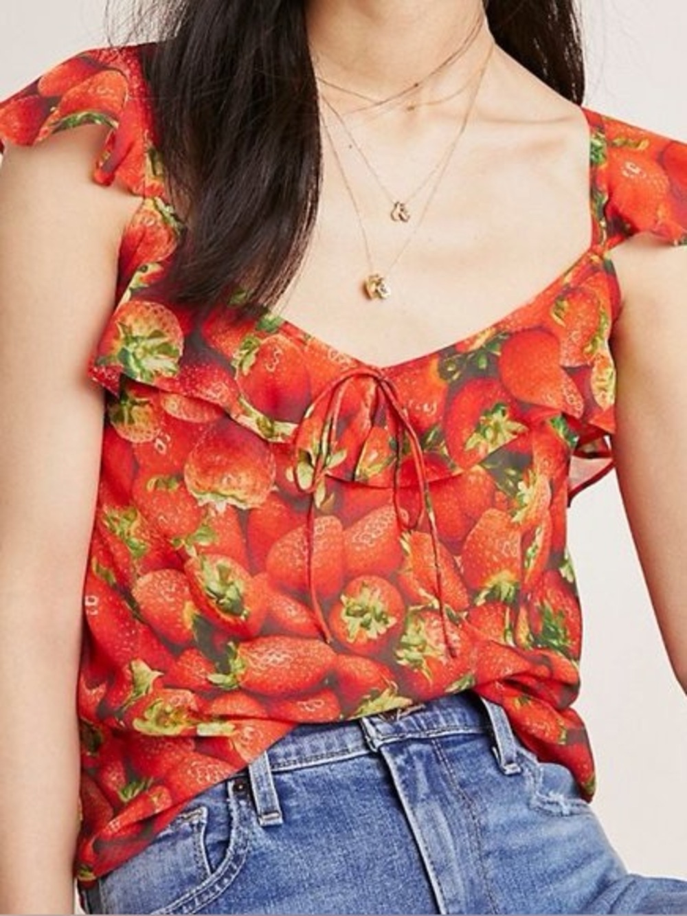 Anthropologie Strawberry Print Ruffle Tank Top Cottagecore Coquette 12